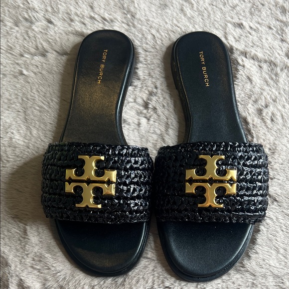 Tory Burch Black and Gold Everly Slide Sandals